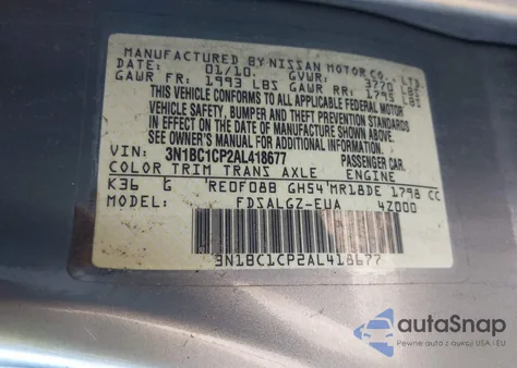 2010 Nissan Versa 1.8Sl z USA, uszkodzony, nr VIN 3N1BC1CP2AL418677